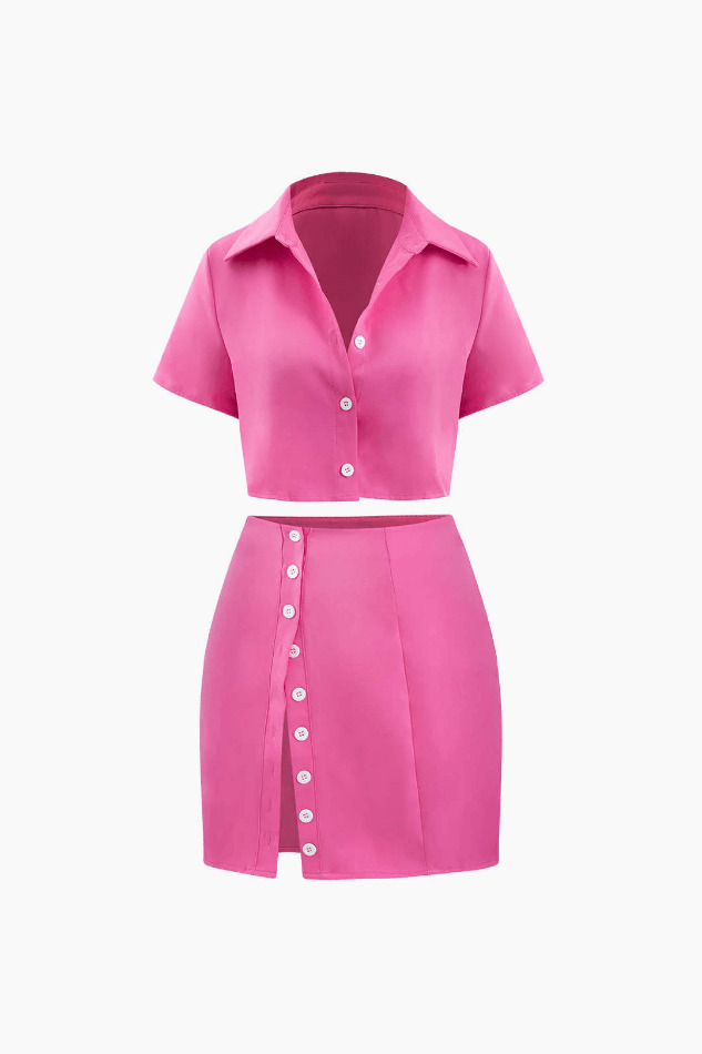 Y2K Aesthetic Coquette Style: Short Sleeve Shirt & Buttoned Mini Skirt Set