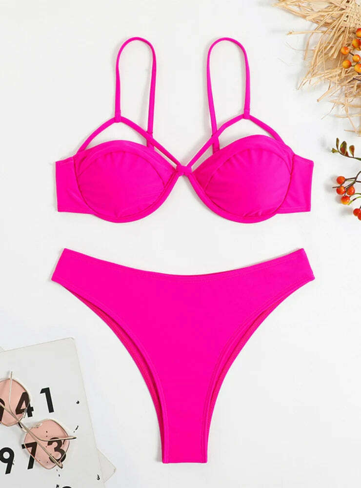 Y2K Aesthetic Coquette Style Solid Color Beach Bikini for Women