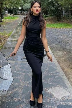 Y2K Aesthetic Coquette Style Turtleneck Midi Dress with Back Slit - Women's Fashion