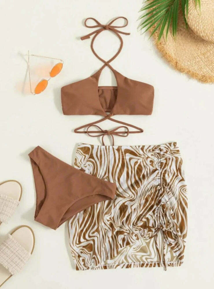 Y2K Aesthetic Coquette Style Women's Printed Three-Piece Bikini Set Y2K Aesthetic Coquette Style Women's Printed Three-Piece Bikini Set