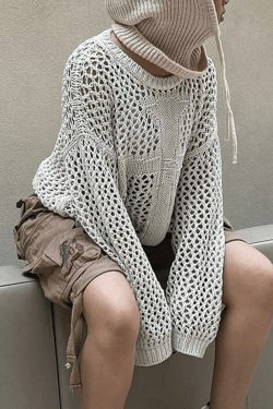Y2K Aesthetic Crochet Hollow Long Sleeve Knit Top in Cross Pattern