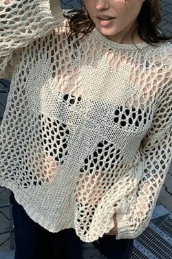 Y2K Aesthetic Crochet Hollow Long Sleeve Knit Top in Cross Pattern
