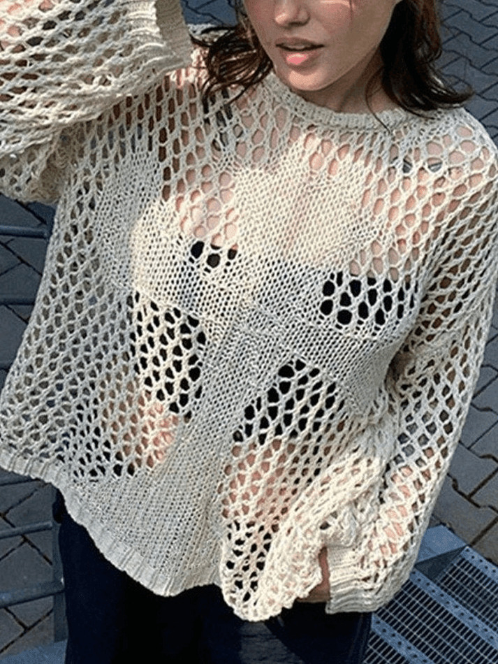 Y2K Aesthetic Crochet Hollow Long Sleeve Knit Top in Cross Pattern Y2K Aesthetic Crochet Hollow Long Sleeve Knit Top in Cross Pattern