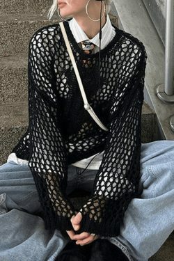 Y2K Aesthetic Crochet Hollow Long Sleeve Knit Top in Cross Pattern