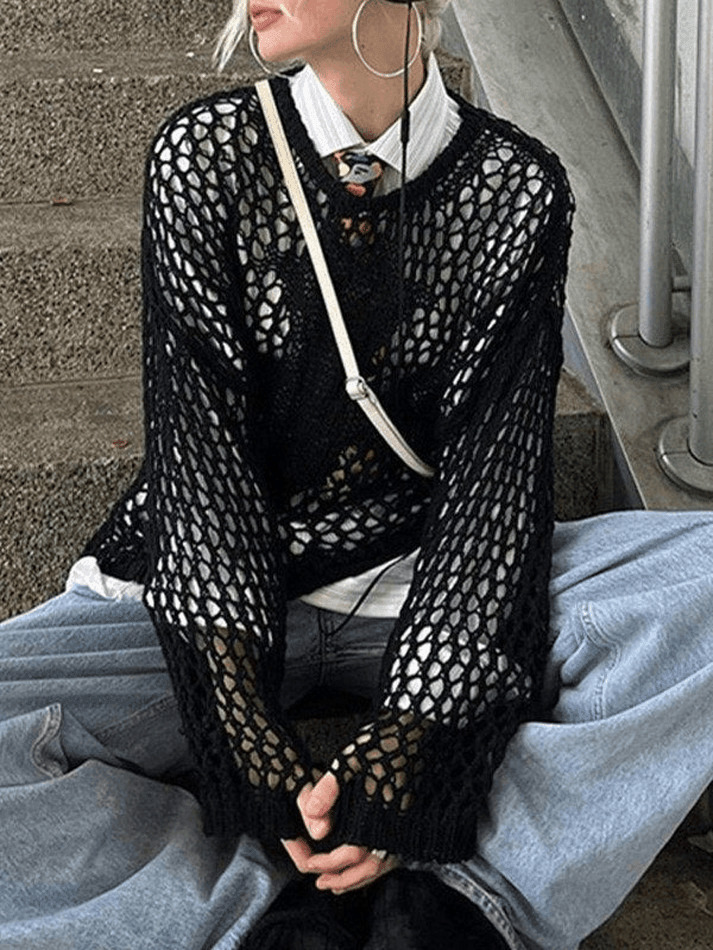 Y2K Aesthetic Crochet Hollow Long Sleeve Knit Top in Cross Pattern Y2K Aesthetic Crochet Hollow Long Sleeve Knit Top in Cross Pattern