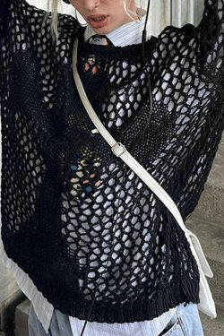 Y2K Aesthetic Crochet Hollow Long Sleeve Knit Top in Cross Pattern