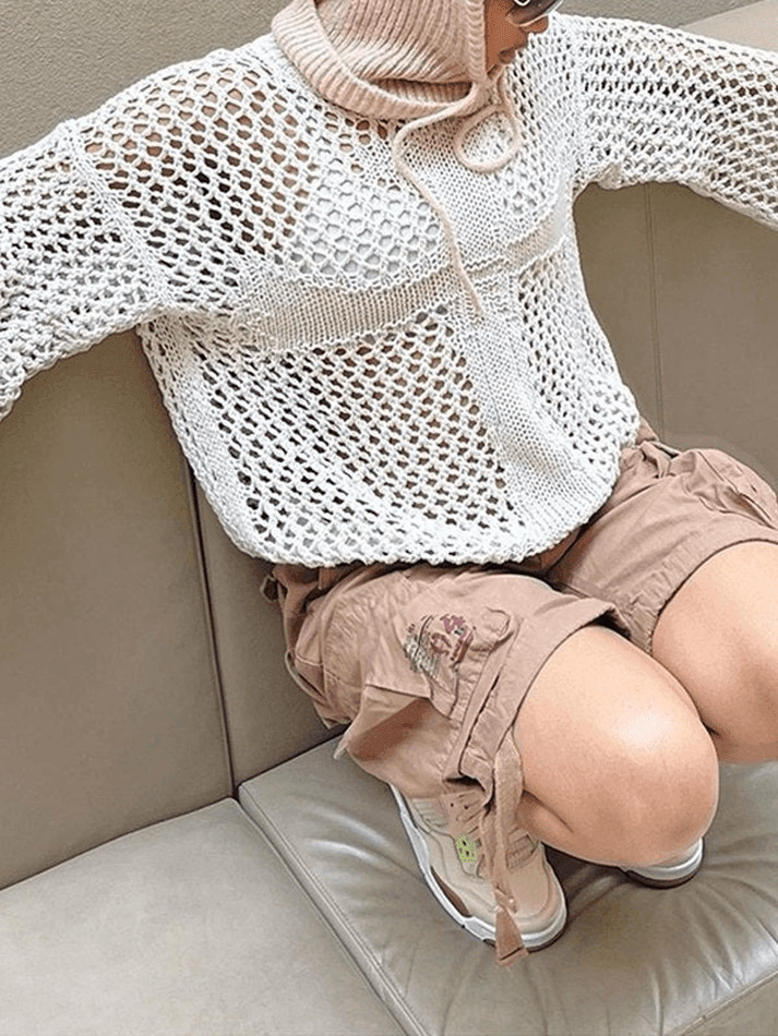 Y2K Aesthetic Crochet Hollow Long Sleeve Knit Top in Cross Pattern Y2K Aesthetic Crochet Hollow Long Sleeve Knit Top in Cross Pattern