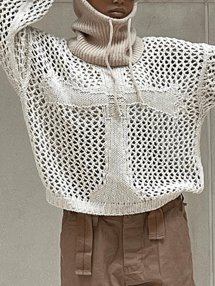 Y2K Aesthetic Crochet Hollow Long Sleeve Knit Top in Cross Pattern Y2K Aesthetic Crochet Hollow Long Sleeve Knit Top in Cross Pattern