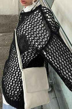 Y2K Aesthetic Crochet Hollow Long Sleeve Knit Top in Cross Pattern