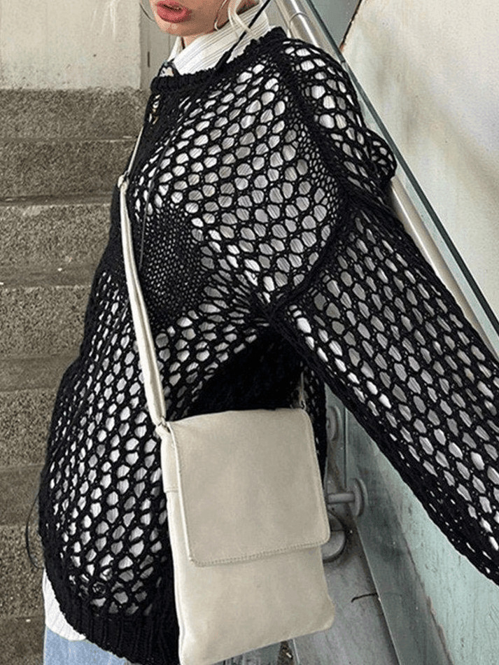 Y2K Aesthetic Crochet Hollow Long Sleeve Knit Top in Cross Pattern Y2K Aesthetic Crochet Hollow Long Sleeve Knit Top in Cross Pattern