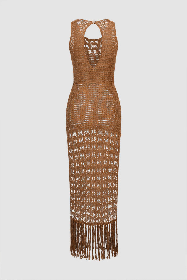 Y2K Aesthetic Crochet Knit Cover-Up Dress with Tassel Hem - Women's Fashion