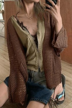 Y2K Aesthetic Crochet Knit Long Top: Coquette & Grunge Style, Cute Pastel Goth Fashion