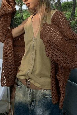 Y2K Aesthetic Crochet Knit Long Top: Coquette & Grunge Style, Cute Pastel Goth Fashion