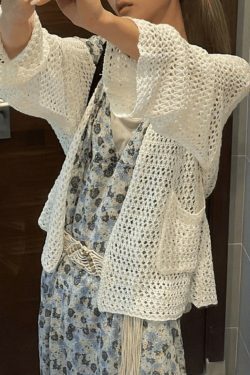 Y2K Aesthetic Crochet Knit Long Top: Coquette & Grunge Style, Cute Pastel Goth Fashion