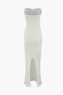 Y2K Aesthetic Crochet Knit Slit Strapless Dress for Women - Coquette & Grunge Style Fashion