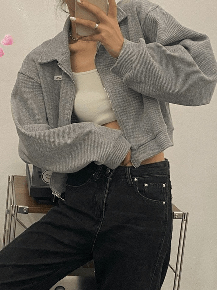 Y2K Aesthetic Cropped Zip-Up Jacket for Women - Coquette Style Grunge Fashion with Pastel Goth Vibes Y2K Aesthetic Cropped Zip-Up Jacket for Women - Coquette Style Grunge Fashion with Pastel Goth Vibes