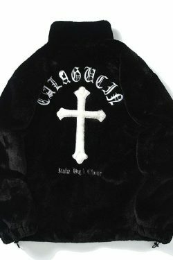 Y2K Aesthetic Cross Embroidered Faux Fur Zip-Up Jacket
