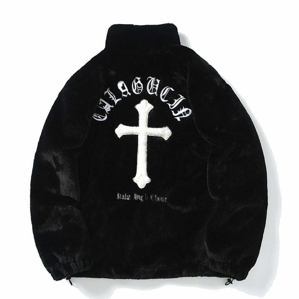 Y2K Aesthetic Cross Embroidered Faux Fur Zip-Up Jacket Y2K Aesthetic Cross Embroidered Faux Fur Zip-Up Jacket