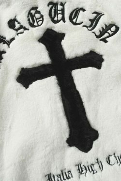 Y2K Aesthetic Cross Embroidered Faux Fur Zip-Up Jacket