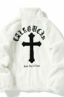 Y2K Aesthetic Cross Embroidered Faux Fur Zip-Up Jacket