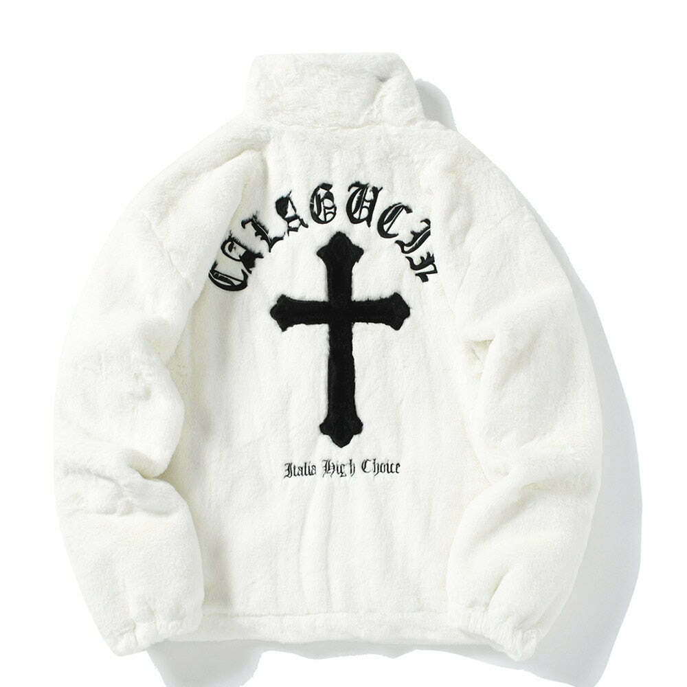 Y2K Aesthetic Cross Embroidered Faux Fur Zip-Up Jacket Y2K Aesthetic Cross Embroidered Faux Fur Zip-Up Jacket
