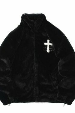 Y2K Aesthetic Cross Embroidered Faux Fur Zip-Up Jacket