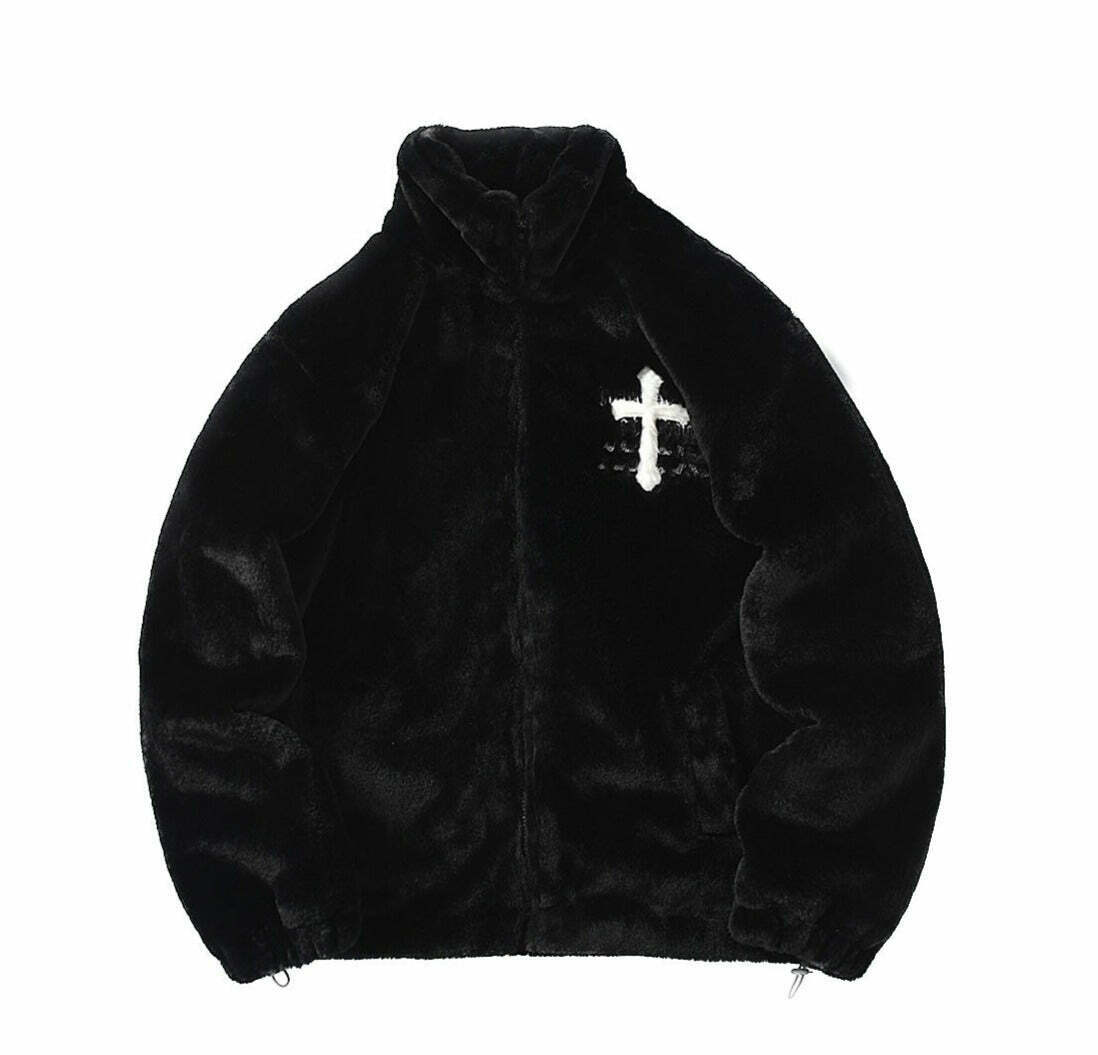 Y2K Aesthetic Cross Embroidered Faux Fur Zip-Up Jacket Y2K Aesthetic Cross Embroidered Faux Fur Zip-Up Jacket