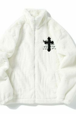 Y2K Aesthetic Cross Embroidered Faux Fur Zip-Up Jacket