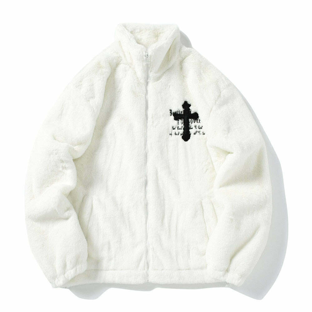Y2K Aesthetic Cross Embroidered Faux Fur Zip-Up Jacket Y2K Aesthetic Cross Embroidered Faux Fur Zip-Up Jacket