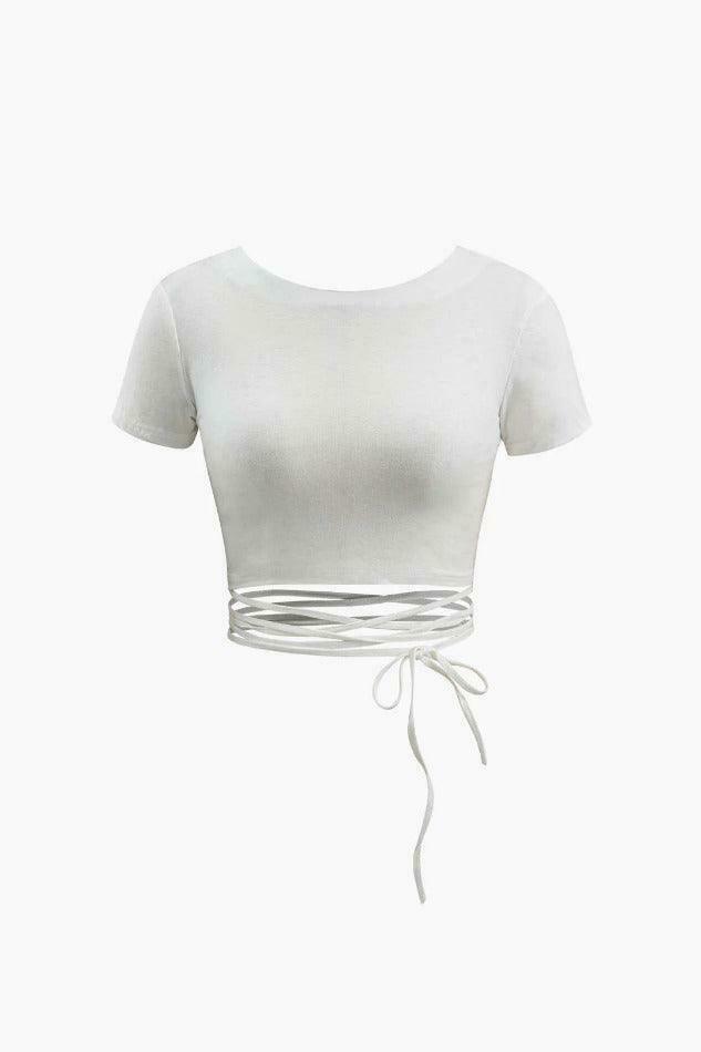 Y2K Aesthetic Cross Tie Back Short Sleeve Tee - Coquette Grunge Style for Women