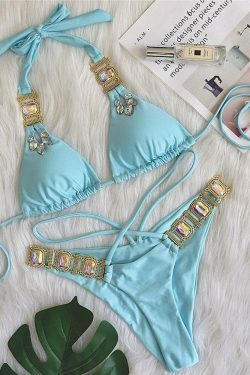 Y2K Aesthetic Crystal Diamond Bandage Split Bikini - Coquette Grunge Style Fashion
