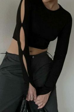 Y2K Aesthetic Cutout Sleeve Tee - Coquette Grunge Style & Pastel Goth Vibes