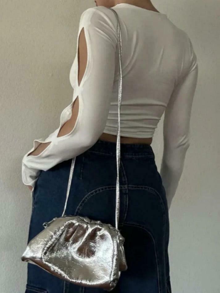 Y2K Aesthetic Cutout Sleeve Tee - Coquette Grunge Style & Pastel Goth Vibes Y2K Aesthetic Cutout Sleeve Tee - Coquette Grunge Style & Pastel Goth Vibes