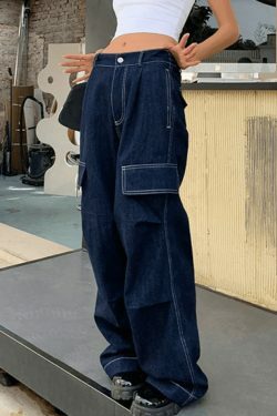 Y2K Aesthetic Dark Wash Baggy Cargo Jeans - Coquette Style Grunge Fashion Women's Clothing