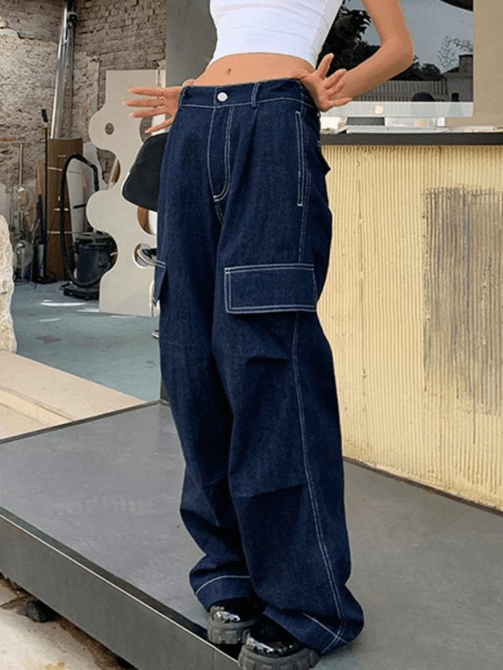 Y2K Aesthetic Dark Wash Baggy Cargo Jeans - Coquette Style Grunge Fashion Women's Clothing Y2K Aesthetic Dark Wash Baggy Cargo Jeans - Coquette Style Grunge Fashion Women's Clothing