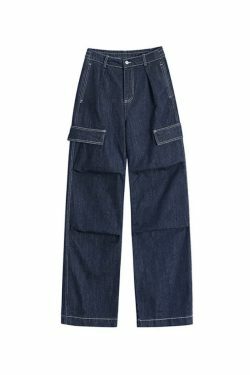 Y2K Aesthetic Dark Wash Baggy Cargo Jeans - Coquette Style Grunge Fashion Women's Clothing