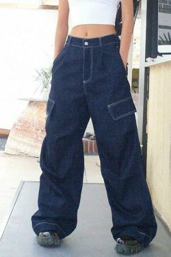 Y2K Aesthetic Dark Wash Baggy Cargo Jeans - Coquette Style Grunge Fashion Women's Clothing