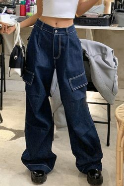 Y2K Aesthetic Dark Wash Baggy Cargo Jeans - Coquette Style Grunge Fashion Women's Clothing