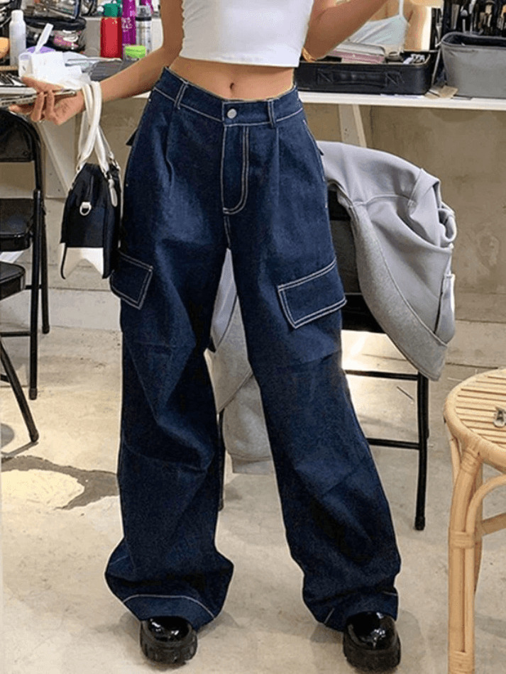 Y2K Aesthetic Dark Wash Baggy Cargo Jeans - Coquette Style Grunge Fashion Women's Clothing Y2K Aesthetic Dark Wash Baggy Cargo Jeans - Coquette Style Grunge Fashion Women's Clothing
