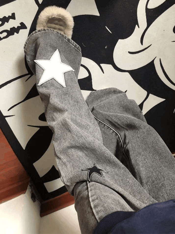 Y2K Aesthetic Dark Wash Star Patch Boyfriend Jeans - Coquette Fashion for Women Y2K Aesthetic Dark Wash Star Patch Boyfriend Jeans - Coquette Fashion for Women
