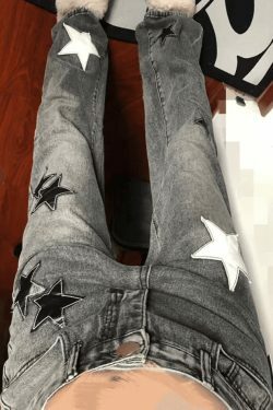 Y2K Aesthetic Dark Wash Star Patch Boyfriend Jeans - Coquette Fashion for Women
