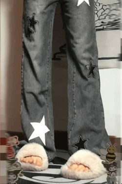 Y2K Aesthetic Dark Wash Star Patch Boyfriend Jeans - Coquette Fashion for Women