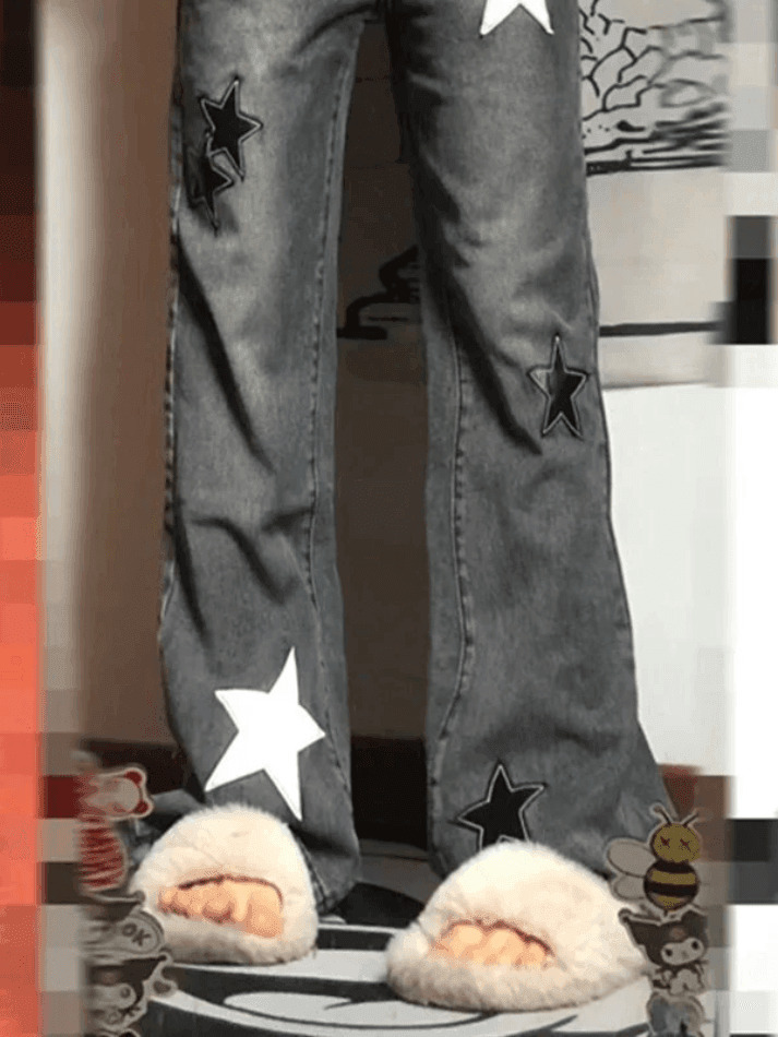 Y2K Aesthetic Dark Wash Star Patch Boyfriend Jeans - Coquette Fashion for Women Y2K Aesthetic Dark Wash Star Patch Boyfriend Jeans - Coquette Fashion for Women