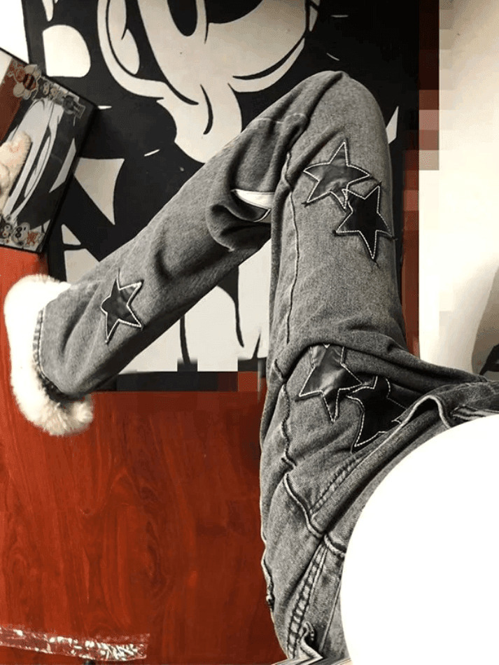 Y2K Aesthetic Dark Wash Star Patch Boyfriend Jeans - Coquette Fashion for Women Y2K Aesthetic Dark Wash Star Patch Boyfriend Jeans - Coquette Fashion for Women