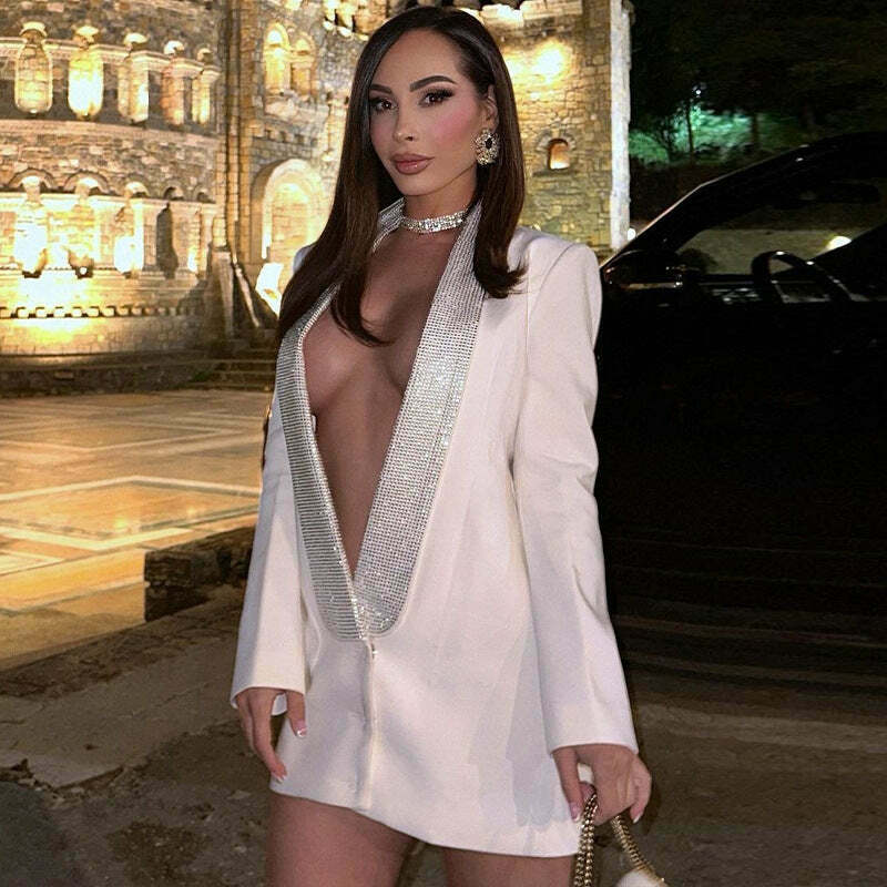 Y2K Aesthetic Deep V-Neck Diamond Backless Jacket Suit for Women - Coquette Fashion Statement Y2K Aesthetic Deep V-Neck Diamond Backless Jacket Suit for Women - Coquette Fashion Statement