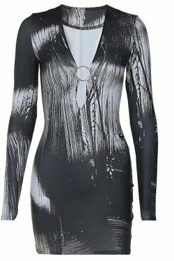 Y2K Aesthetic Deep V-Neck Grey Party Dress for Women - Coquette Style Grunge Fashion Outfit