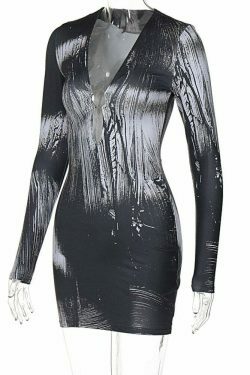 Y2K Aesthetic Deep V-Neck Grey Party Dress for Women - Coquette Style Grunge Fashion Outfit