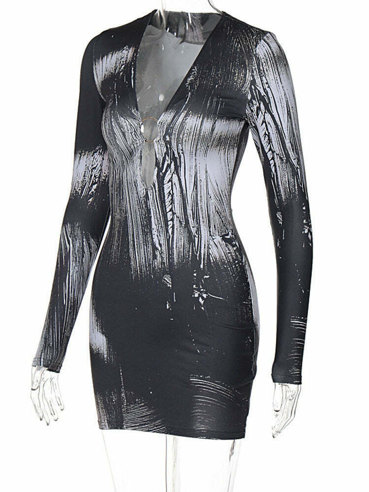 Y2K Aesthetic Deep V-Neck Grey Party Dress for Women - Coquette Style Grunge Fashion Outfit