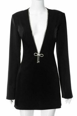 Y2K Aesthetic Deep V-Neck Long-Sleeved Casual Dress for Women - Coquette Style Grunge Fashion