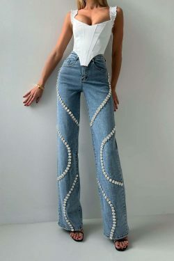 Y2K Aesthetic Denim Diamond Straight Jeans for Women - Coquette & Grunge Style Cargo Skirt Outfit